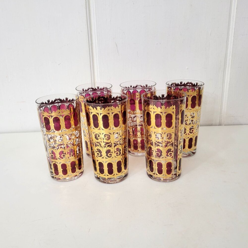 Culver MCM Azure Gold and Cranberry Collins Glasses Set of Six Plus Extra - Picture 10 of 10